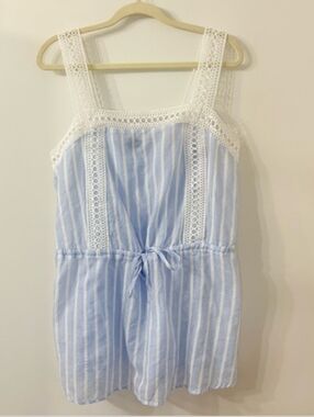 Suzanne Betro Seersucker Blue White Striped Tank Top Womens Sz XL Summer Coastal
